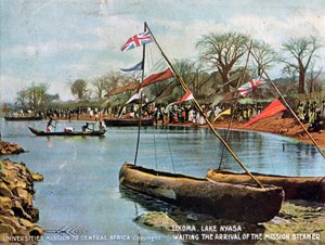 Wachten op de aankomst van de missie stoomboot, Likoma, Lake Nyasa, Afrika, 1904 door Unbekannt