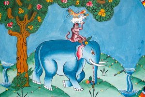 Muur die de legende van de vier vrienden afbeeldt; olifant; aap; konijn en haan; Kharbadi Gompa; Phuentsholing; Koninkrijk Bhutan door Unbekannt