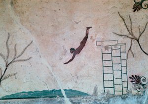 Muurschildering uit een Griekse tombe in Paestum van een zwemmer, 8e eeuw