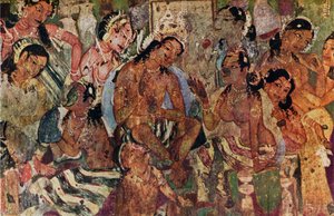 Muurschildering uit de Grotten van Ajanta van Raja Mahajanaka, ca. 480 door Unbekannt