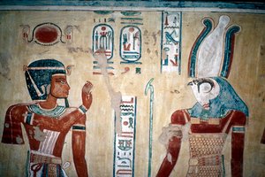 Muurschildering van Ramses III voor Horus, Vallei der Koninginnen, Luxor, Egypte, ca. 12e eeuw v.Chr.