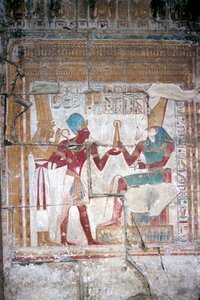 Muurschildering van Sethos I voor Horus, Tempel van Sethos I, Abydos, Egypte, 19e Dynastie, ca. 1280 v.Chr. door Unbekannt