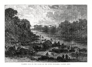 Goud wassen aan de oevers van de Urubamba-rivier, Peru, 1877