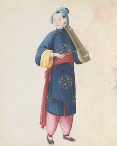 Aquarel van muzikant die qin speelt door Unbekannt