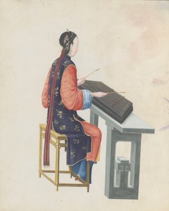 Aquarel van muzikant die yangqin speelt, eind 18e eeuw
