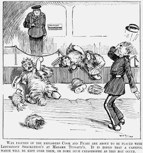 Wassen beelden van Peary en Cook, poolreizigers, bij Madame Tussauds, Londen, 1909