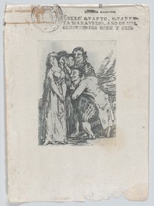 Wat een offer, een jonge vrouw omringd door een groep mannen, waaronder haar verloofde, na 1816 door Unbekannt