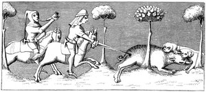 Wilde zwijnenjacht met honden, 14e eeuw 1849