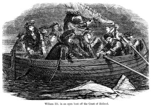 Willem III in een open boot voor de kust van Holland