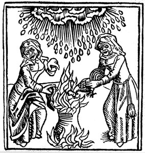 Heksen die een spreuk uitspreken om regen te brengen, 1489 door Unbekannt
