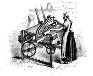 Vrouw die een krachtweefgetouw bedient voor het weven van katoen, ca. 1840