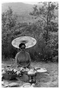 Vrouw onder een parasol die een picknick houdt, ca. 1950-1969
