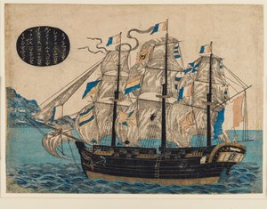 Houtsnede - Nederlands zeilschip, met vlag van VOC door Unbekannt