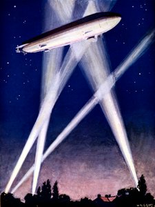 Zeppelin-luchtschip gevangen in zoeklichten tijdens een bombardement op Engeland