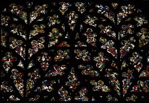Abstracte patronen van fragmenten van 13e-eeuws glas-in-lood in het Bisschops oog raam, het Zuid roosvenster