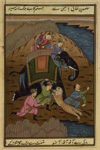 Keizer Akbar (1556-1608) op tijgerjacht, uit de Akbarnama, Mughal, (geïllustreerde tekst) door Unbekannt Unbekannt