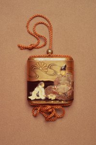 Inro met een dienaar die knielt voor een Samurai, gesigneerd door Jitokusai Gyokuzan