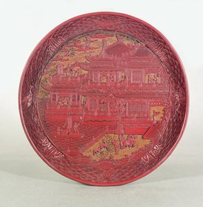Gelakte schaal, gesneden, met afbeelding van het `Orchideeënpaviljoen van Prins Tang, 1489