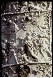 Zuil van Trajanus, gebouwd ter viering van de overwinning op de Daciërs, mogelijk ontworpen door Apollodorus van Damascus, 113 n.Chr. (detail) door Unbekannt Unbekannt
