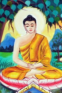 20151029, Vientiane, Laos: Wat Inpeng boeddhistische tempel. Schilderij dat het levensverhaal van Shakyamuni Boeddha uitbeeldt. Boeddha zittend in de meditatiehouding door Unbekannt