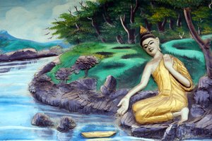 20151029, Vientiane, Laos: Wat Inpeng boeddhistische tempel. Schilderij dat het levensverhaal van Shakyamuni Boeddha uitbeeldt. Baden in de rivier door Unbekannt