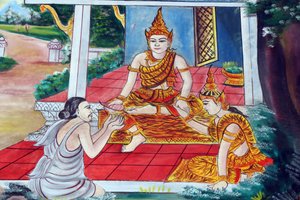 Wat Inpeng boeddhistische tempel. De Jataka-verhalen zijn verhalen over de vorige levens van de Boeddha (dat wil zeggen, voordat hij voor de laatste keer werd geboren om de Boeddha te worden), Vientiane, Laos