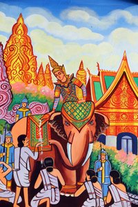 Wat Si Muang boeddhistische tempel. Schilderij dat het levensverhaal van Shakyamuni Boeddha afbeeldt door Unbekannt