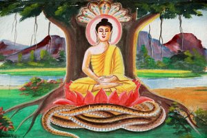 20151102, Vang Vieng, Laos: Schilderij dat het levensverhaal van Shakyamuni Boeddha uitbeeldt. Boeddha zittend in de meditatiehouding onder de Bodhiboom door Unbekannt
