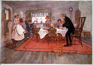 Een kerstdiner in Engeland, illustratie door Will Owen, eind 19e eeuw