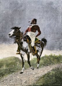 Een dappere Comanche, te paard reizend in de zuidelijke prairies (Texas, Oklahoma, VS), rond 1800. Lithografie door Unbekannter Künstler
