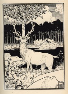 Een kersenboom op het hoofd van een hert geraakt door de stenen van kersen geslingerd door de baron van Munchausen. Illustratie door William Strang (1859-1921) en JB Clark uit 