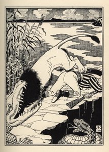 Een leeuw die de Baron van Munchausen wilde aanvallen eindigde met een krokodil. Illustratie door William Strang (1859-1921) en JB Clark uit “The Adventures of the Baron of Munchausen (Munchhausen) door Rudolf Erich Raspe (1736-1794) (1789) door Unbekannt