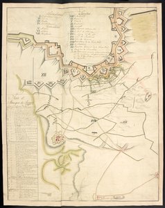 Een getinte plattegrond van de belegeringswerken. Dagboek van het beleg van Bergen op Zoom, door de Fransen, in 1747; voorafgegaan door een verslag van de staat van de Franse artillerie in die tijd. door Unbekannter Künstler