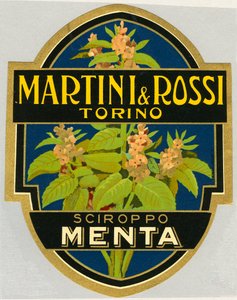 Advertentielabel voor muntsiroop Martini e Rossi