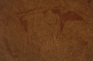 Algerije, Sahara woestijn, Tassili-n-Ajjer Nationaal Park, site van Sefar, rotsschildering die een stier afbeeldt door William M. Timlin
