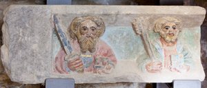 Altaarstuk. polychroom steen. Tweede helft 14e eeuw. Oorsprong voormalige parochiekerk van Torre de Rialb. Detail. Onderste register. Linker paneel. De evangelisten Paulus en Petrus. door Unbekannt