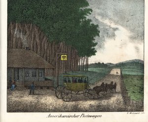 Een Amerikaans postkantoor en een diligence. Lithografie voor het boek: “Galerie complete en tableaux fideles des peuples d