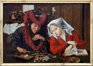 Een schepen en zijn vrouw, een moraliserende allegorische scène uit het dagelijks leven of onder een kaars, de aantrekkingskracht van goudstukken op de weegschaal, ontdekt de aandacht voor spirituele bezigheden, Olieverfschilderij op doek, atelier van Mari