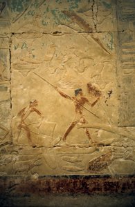 Oud Egypte: Saqqarah (of Saqqara of Sakkarah): necropolis van het Oude Rijk, graf van edele. Detail van de reliëfs die een visscène voorstellen