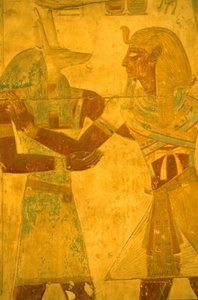 Oud Egypte, muurschildering/gravure, Seti I omhelst de god Anubis, Tempel van Seti I, Abydos