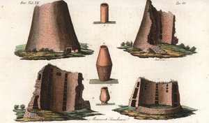 Oude Vikingmonumenten uit een Duitse provincie dicht bij Scandinavië, en enkele urnen uit Deense en Zweedse graven. Handgekleurde kopergravure door Giarre en Stanghi uit Giulio Ferrario