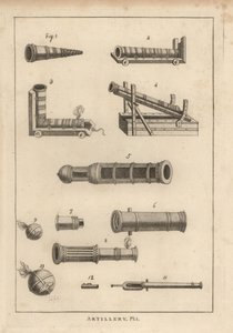 Oude geweren van Valturinns, Uffano 1-7, fantasierijk elleboogstuk mortier 3, bombardement 8, bommen 9,10, en perrier steenwerper kamers 11,12 door Unbekannt