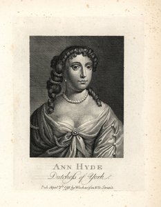 Anne Hyde (1637-1671), hertogin van York en van Albany, eerste vrouw van koning James II van Engeland. Koperen gravure naar een portret door Sir Peter Lely uit William Richard