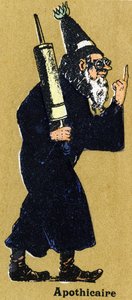 Apotheker met een klysma. Geïllustreerd alfabet. Beeldvorming herenigd in Jarville-Nancy, begin 20e eeuw. Lithografie op een bistre achtergrond door Unbekannt