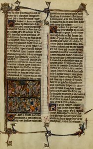 Arthurlegende (zoektocht naar de Heilige Graal): Benoic achtervolgt de Saksen en de slag bij Danablaise, twee illustraties uit het manuscript Geschiedenis van Merlijn, daterend uit de 13e eeuw tussen 1280-1290 door Unbekannter Künstler