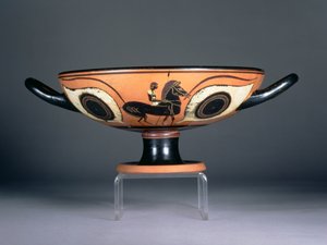 Attische zwartfigurige oogbeker, met toegevoegde rode en witte decoratie die een paard en ruiter afbeeldt, 480-450 v.Chr. (aardewerk)