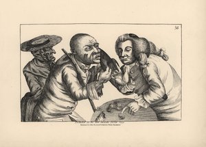 Failliete Toby en vrouw Doxy bedelend om kaas en bier in een taverne. Kopergravure door Thomas Sanders naar een satirische illustratie van Timothy Bobbin (John Collier) (1708-1786) uit 
