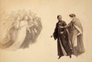 Beatrice, in het firmament van het Paradijs, wijst Dante op een groep zielen. Illustratie van Canto III van Paradiso van De Goddelijke Komedie van Dante Alighieri. Werk van Francesco Scaramuzza opgedragen aan de gemeente Florence. door Unbekannter Künstler