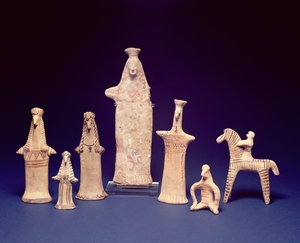 Boeotische groep: Staande, hurkende figuren en een ruiter, ca. 600-550 v.Chr.