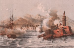 Bombardement van Palermo, met schepen op de voorgrond, Sicilië door William M. Timlin